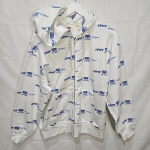 Levi's Men's All Over Print AOP White and Blue Logo Hoodie Full Zip Size Small